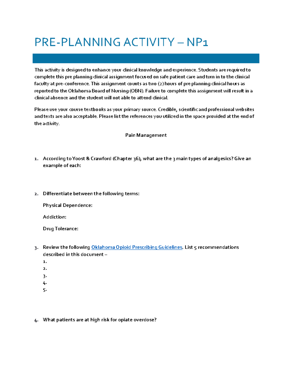 Pre Plan 6 Pain student BADNAP PREPLANNING ACTIVITY NP This