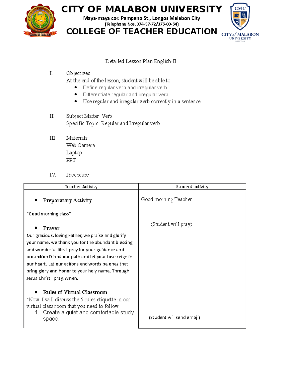 Verb Lesson Plan Denoman Bachelor of Science in Hospitality Management UCC Studocu