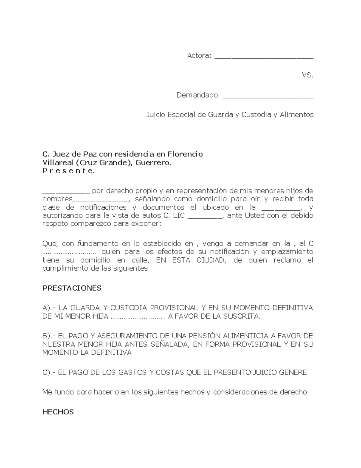 Demanda de Juicio Especial de Alimentos - Actora