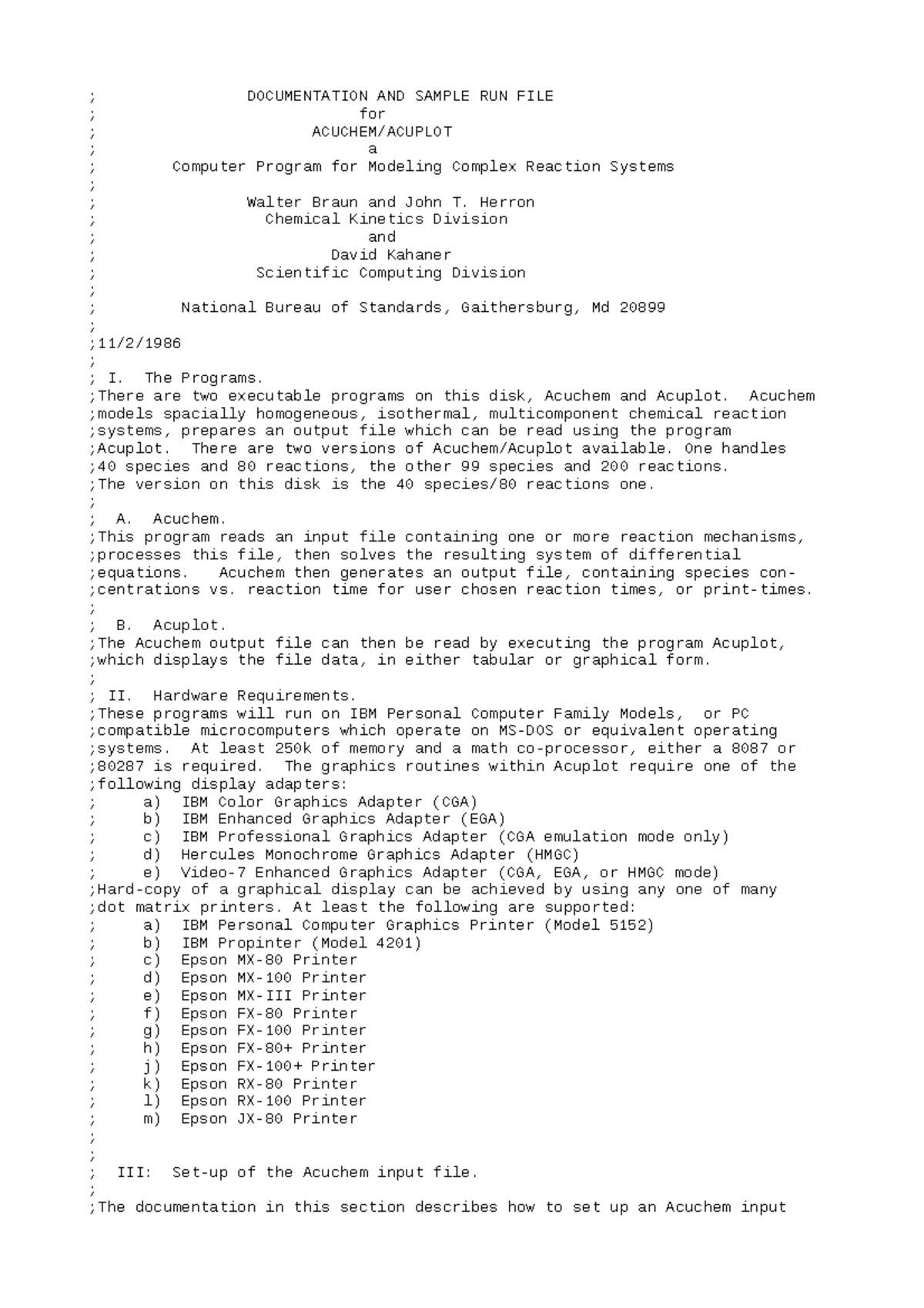 Sample 1 - ; DOCUMENTATION AND SAMPLE RUN FILE ; for ; ACUCHEM/ACUPLOT ...