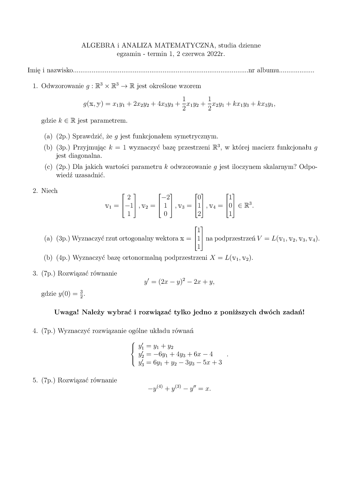 E1-Ai AM-220602 - Egzamin - ALGEBRA I ANALIZA MATEMATYCZNA, Studia ...