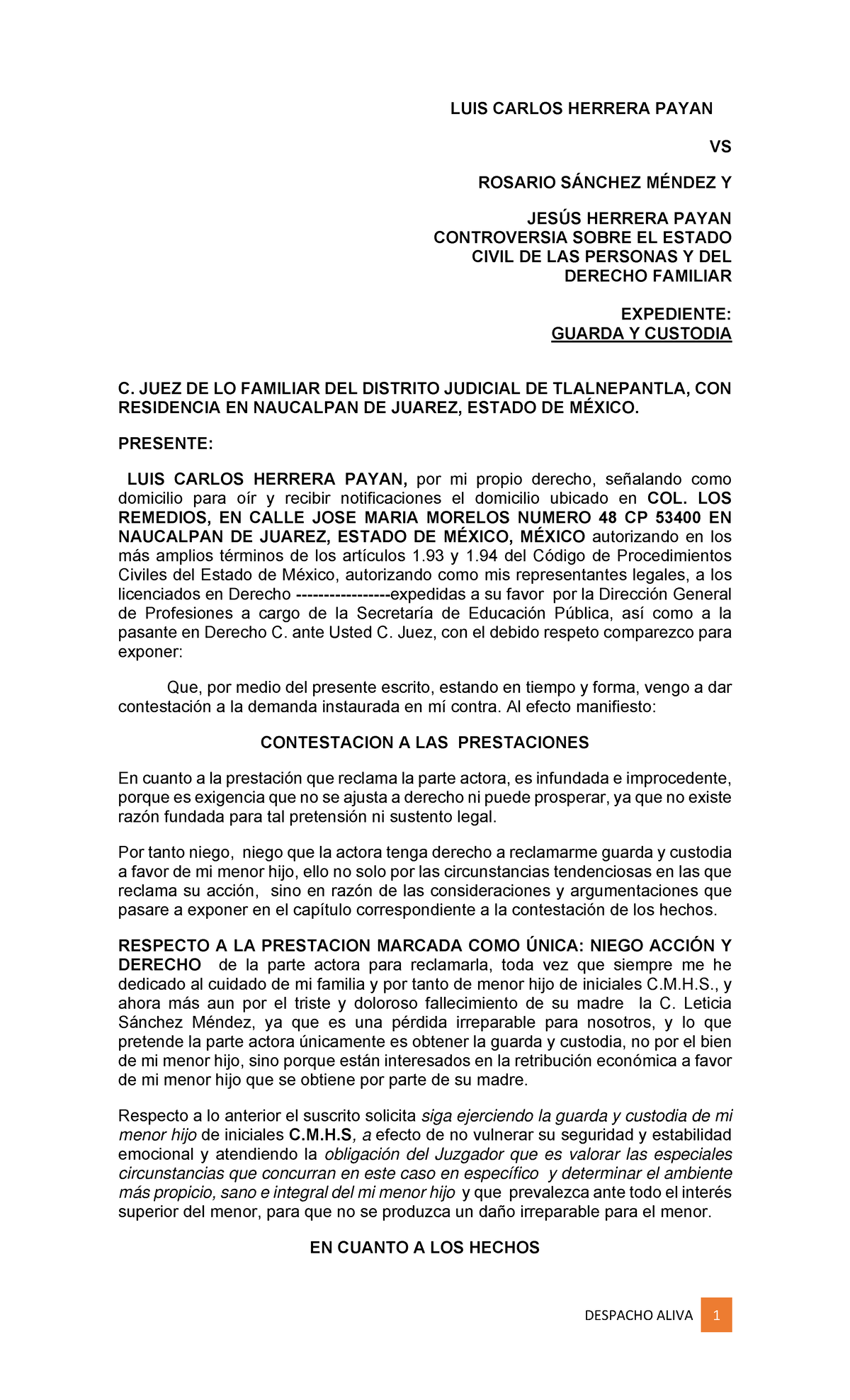 Contestacion guarda - LUIS CARLOS HERRERA PAYAN VS ROSARIO SÁNCHEZ ...