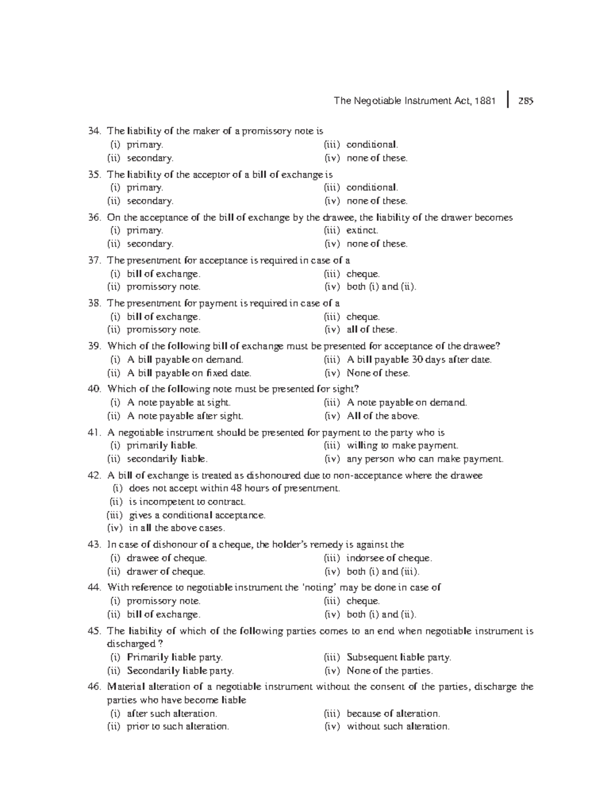 Zlib - n/a - The Negotiable Instrument Act, 1881 285 The liability of ...