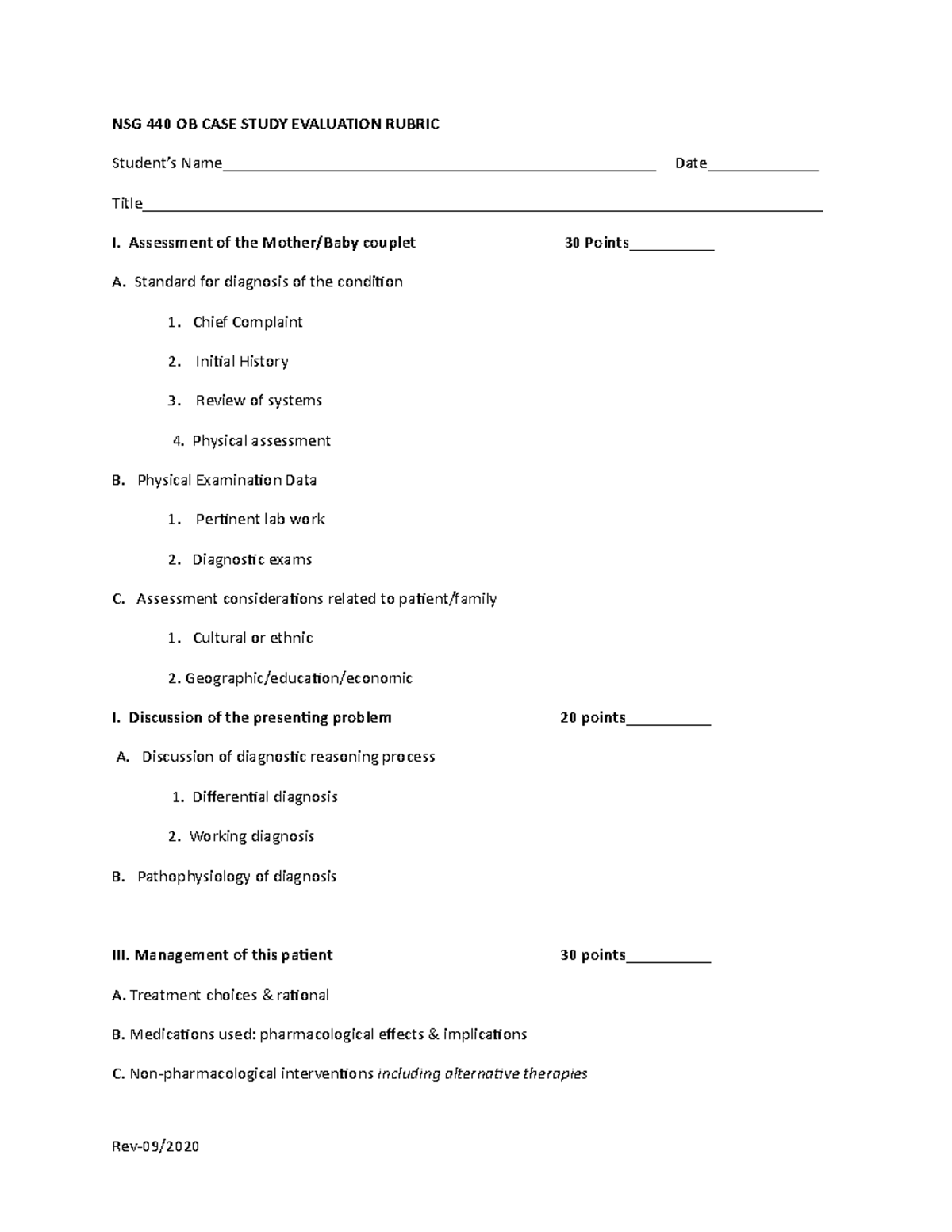 Case Study Rubric 2020 - NSG 440 OB CASE STUDY EVALUATION RUBRIC ...