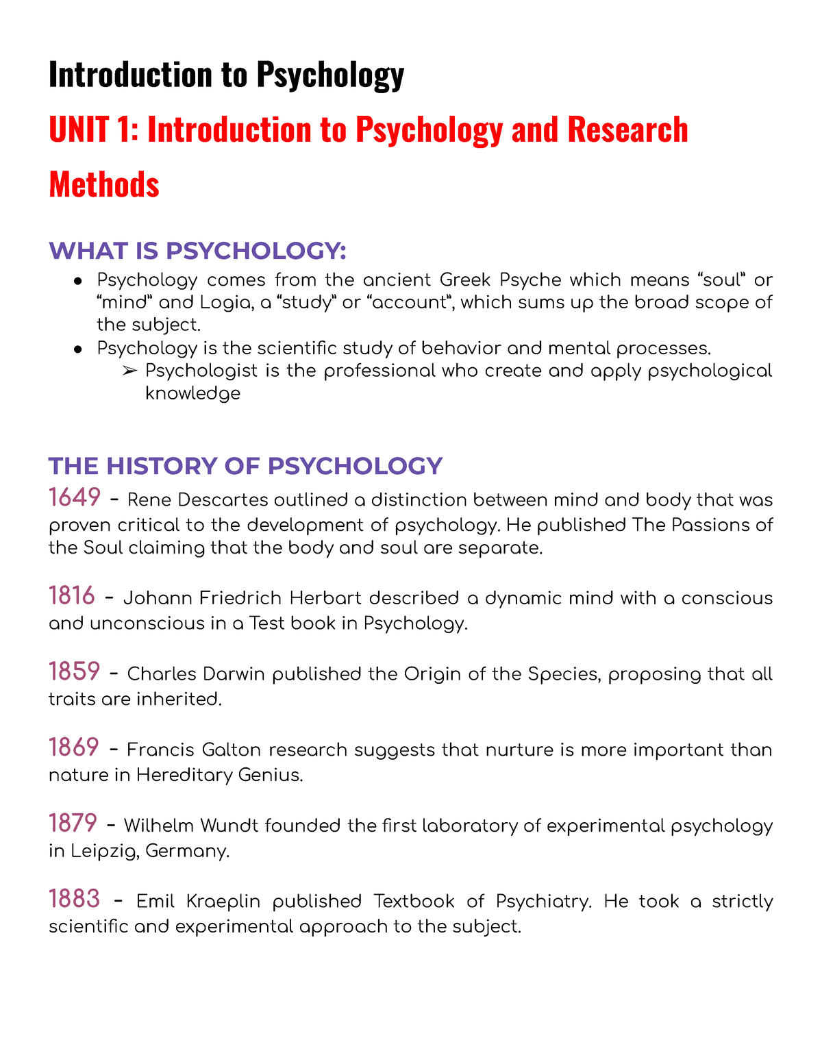 UNIT 1 Introduction To Psychology - Psychology Is The Scientific Study ...