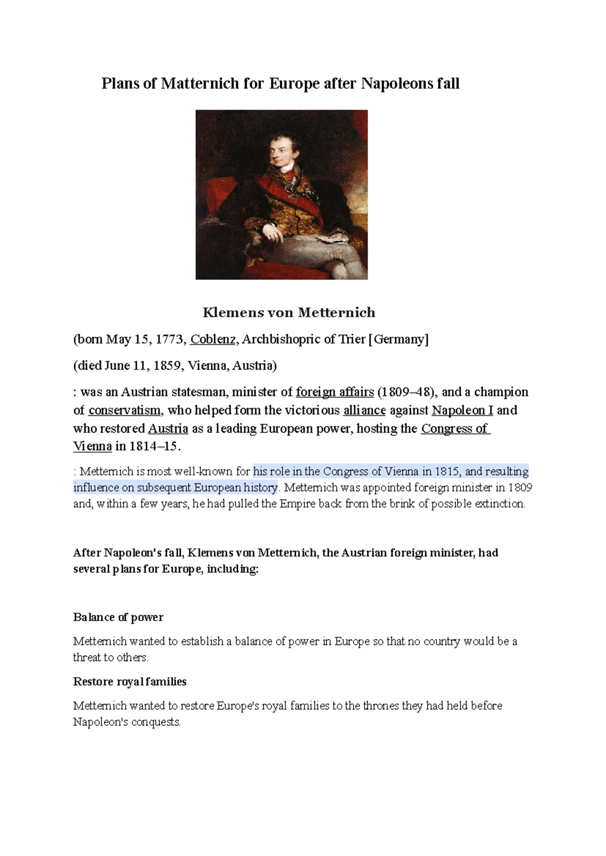 Plans of Matternich for Europe after Napoleons fall - : Metternich is ...