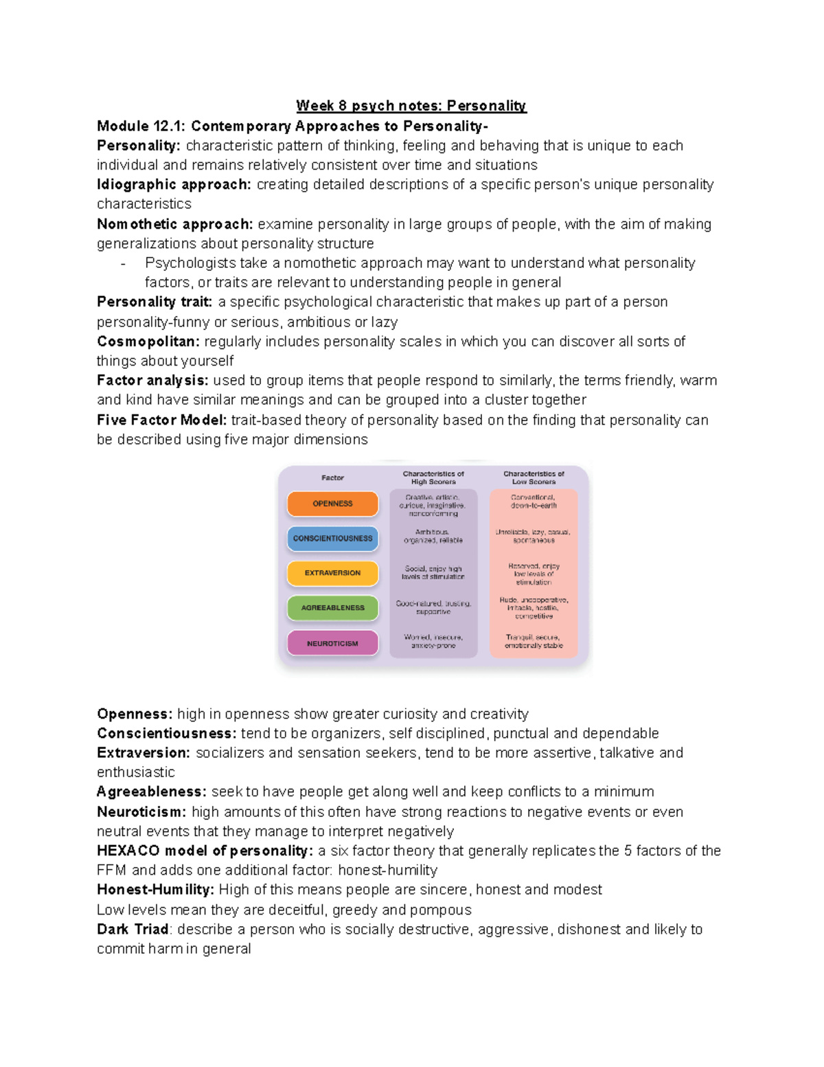 Week 8 psyc notes - Week 8 psych notes: Personality Module 12 ...
