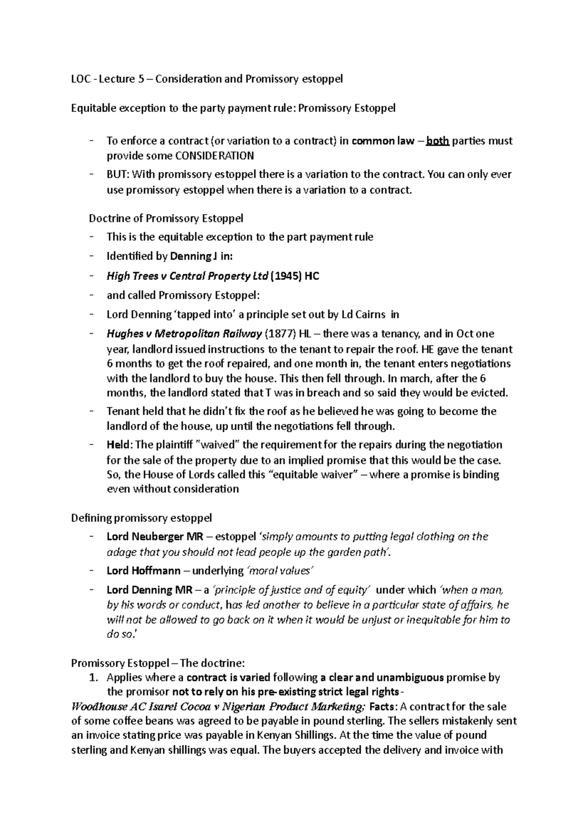 LOC - Promissory Estoppel - lecture 5 - UWE - Studocu