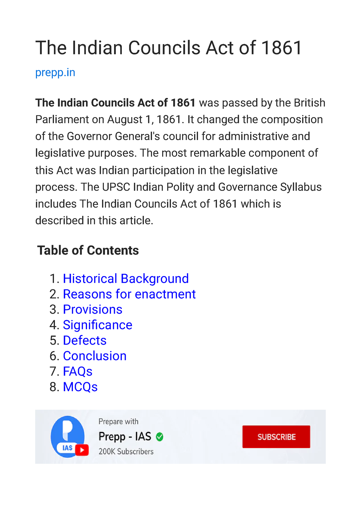 The Indian Councils Act Of 1861 - Indian Polity Notes - The Indian ...