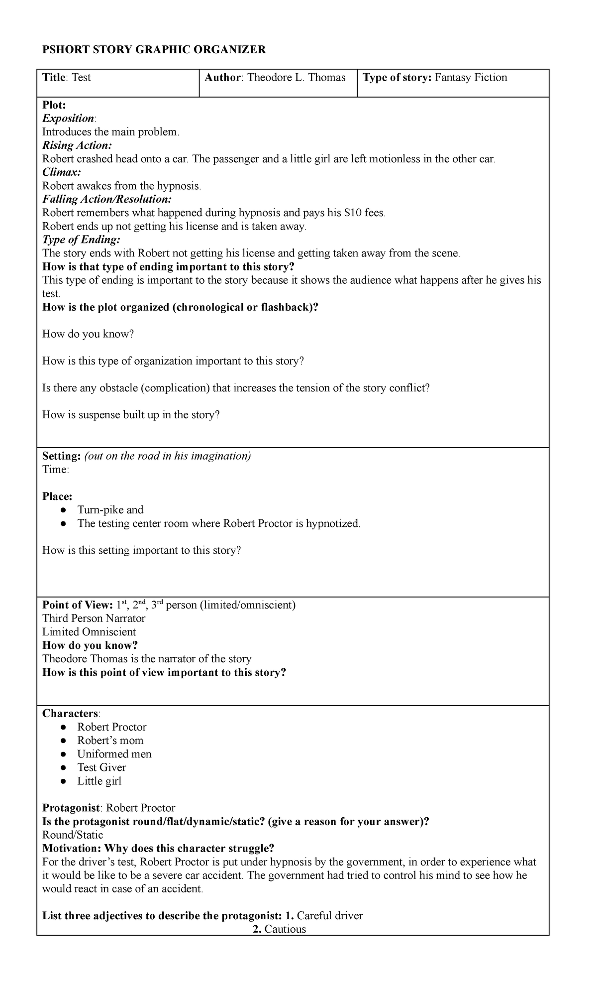 Test Graphic Organizer - PSHORT STORY GRAPHIC ORGANIZER Title: Test ...