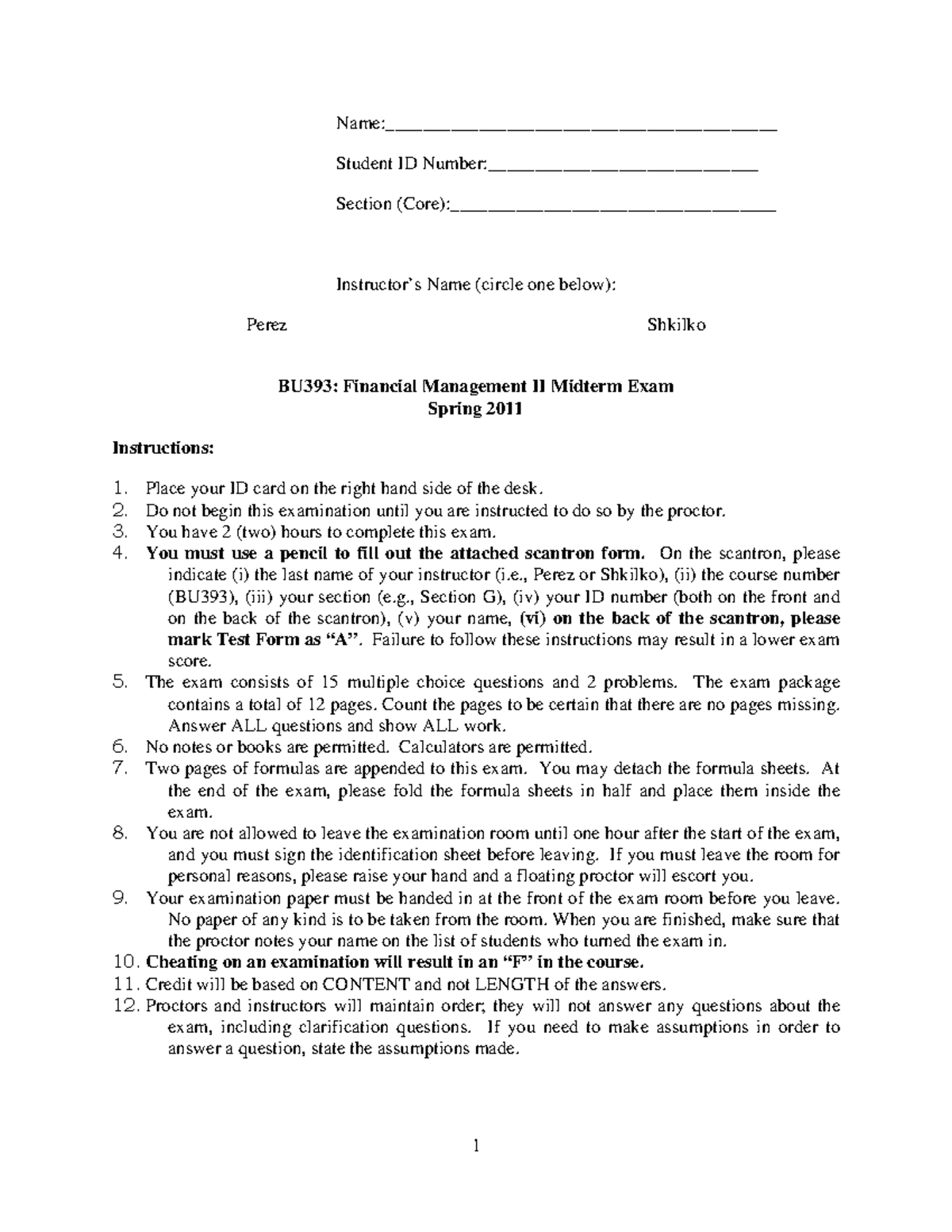 Exam 2011, questions and answers - Student ID Section Name (circle one ...