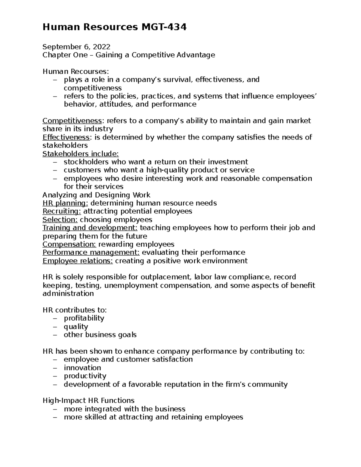 MGT 434 Class notes - Human Resources MGT- September 6, 2022 Chapter ...