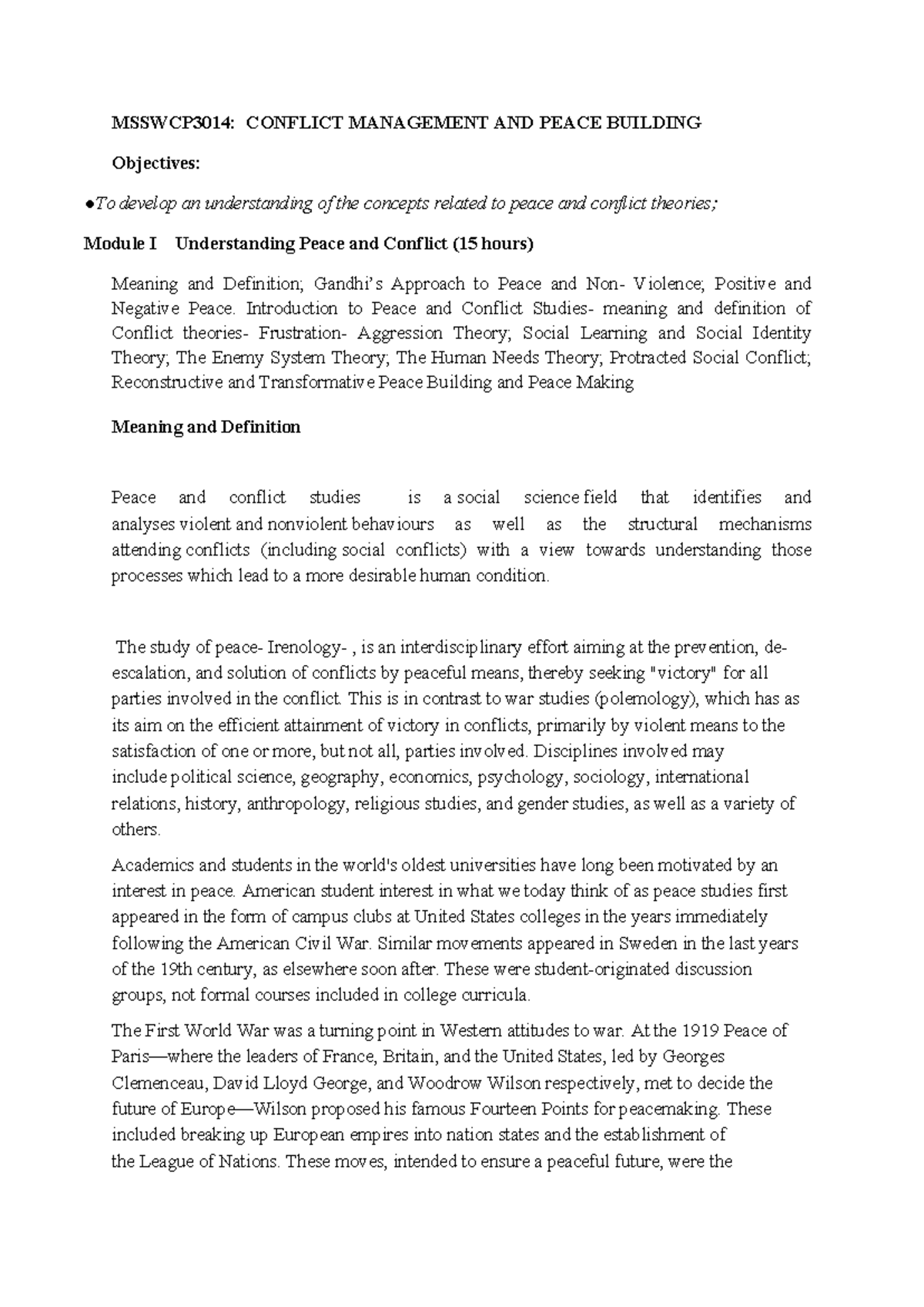 Conflict Management AND Peace Building - MSSWCP3014: CONFLICT ...