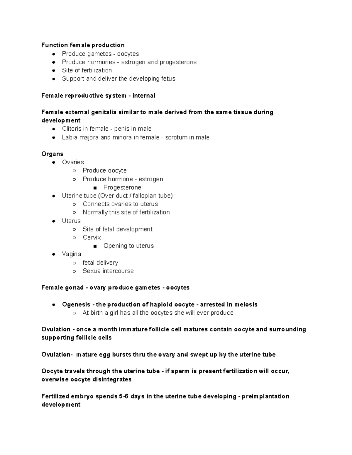 Reproductive system (female) Notes - Function female production Produce ...