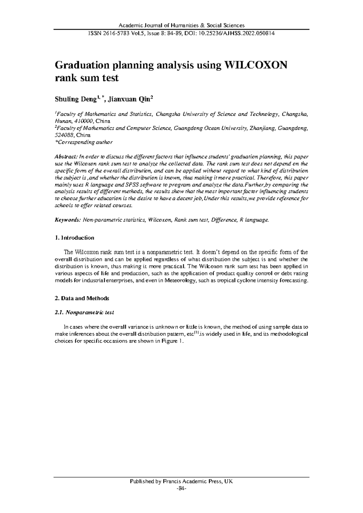 Wilcoxon Rank Sum Test - ISSN 2616-5783 Vol, Issue 8: 84-89, DOI: 10. ...