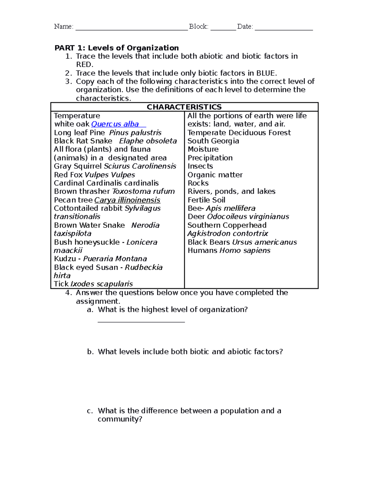 Worksheet Levels of organization Name