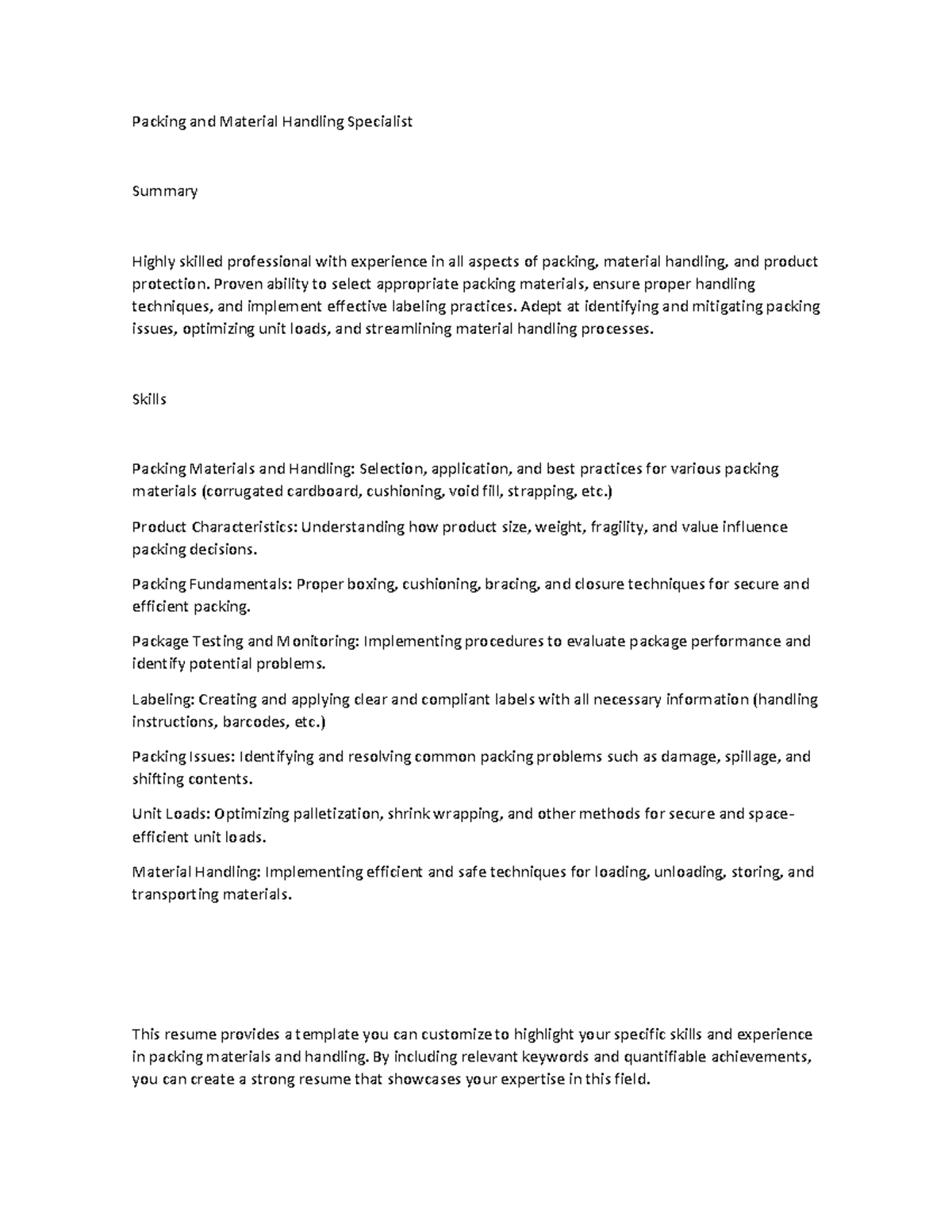 Packing and Material Handling Specialist - Packing and Material ...