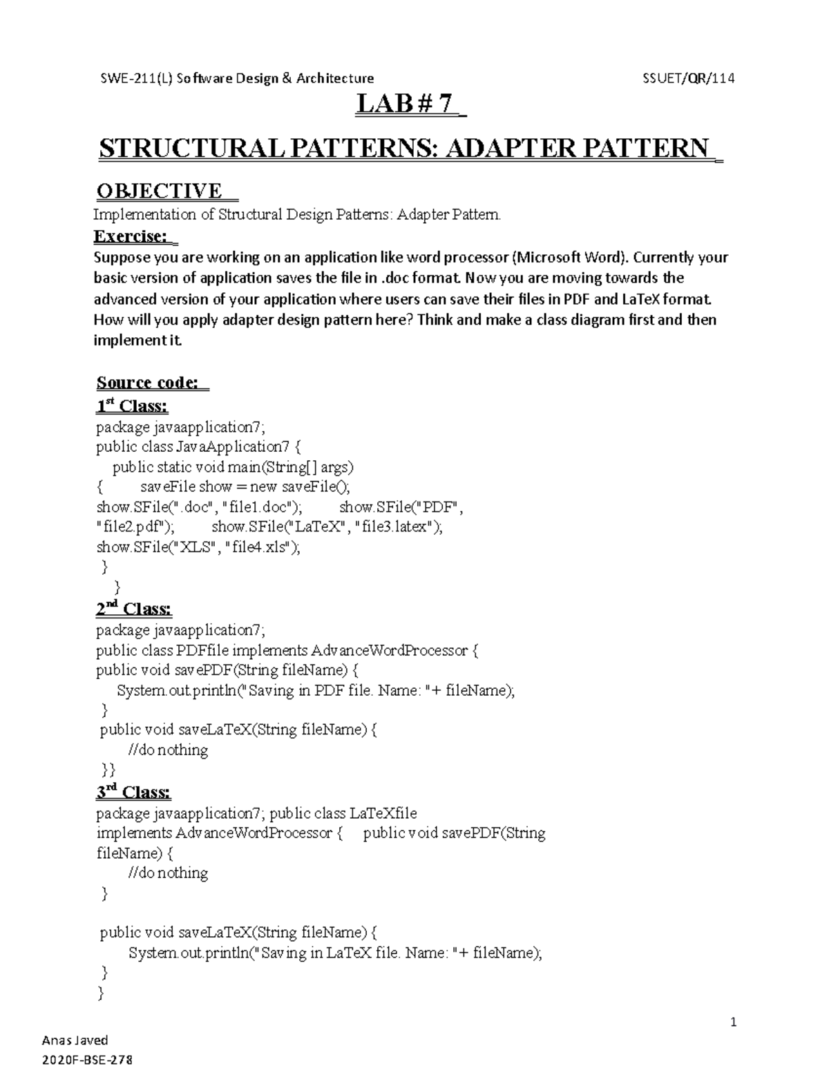 Lab #7 - Copy - lab - LAB # 7 STRUCTURAL PATTERNS: ADAPTER PATTERN ...
