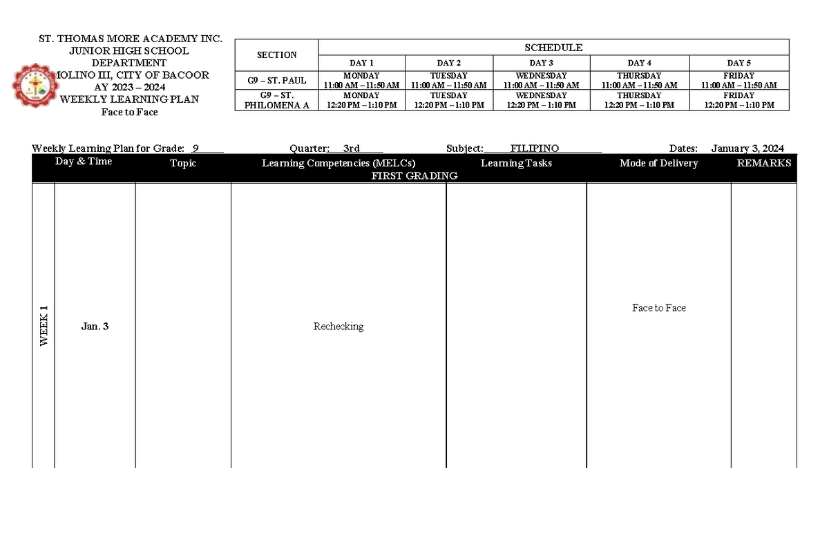 3rd Quarter WLP G9 - Teaching guide for grade 9 - ST. THOMAS MORE ...