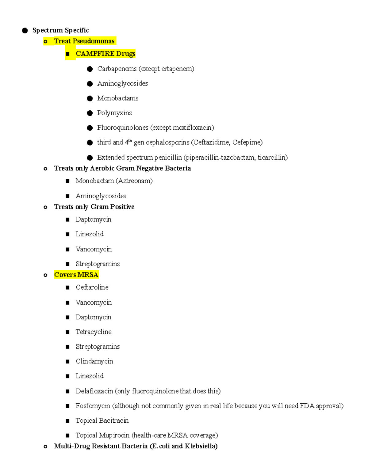 Abx Summary Sheet SpectrumSpecific o Treat Pseudomonas CAMPFIRE Drugs Carbapenems (except