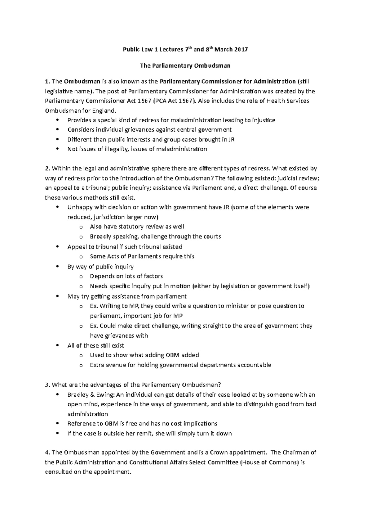 Lec 22 Ombudsman - Public Law 1 Lectures 7th and 8th March 2017 The ...