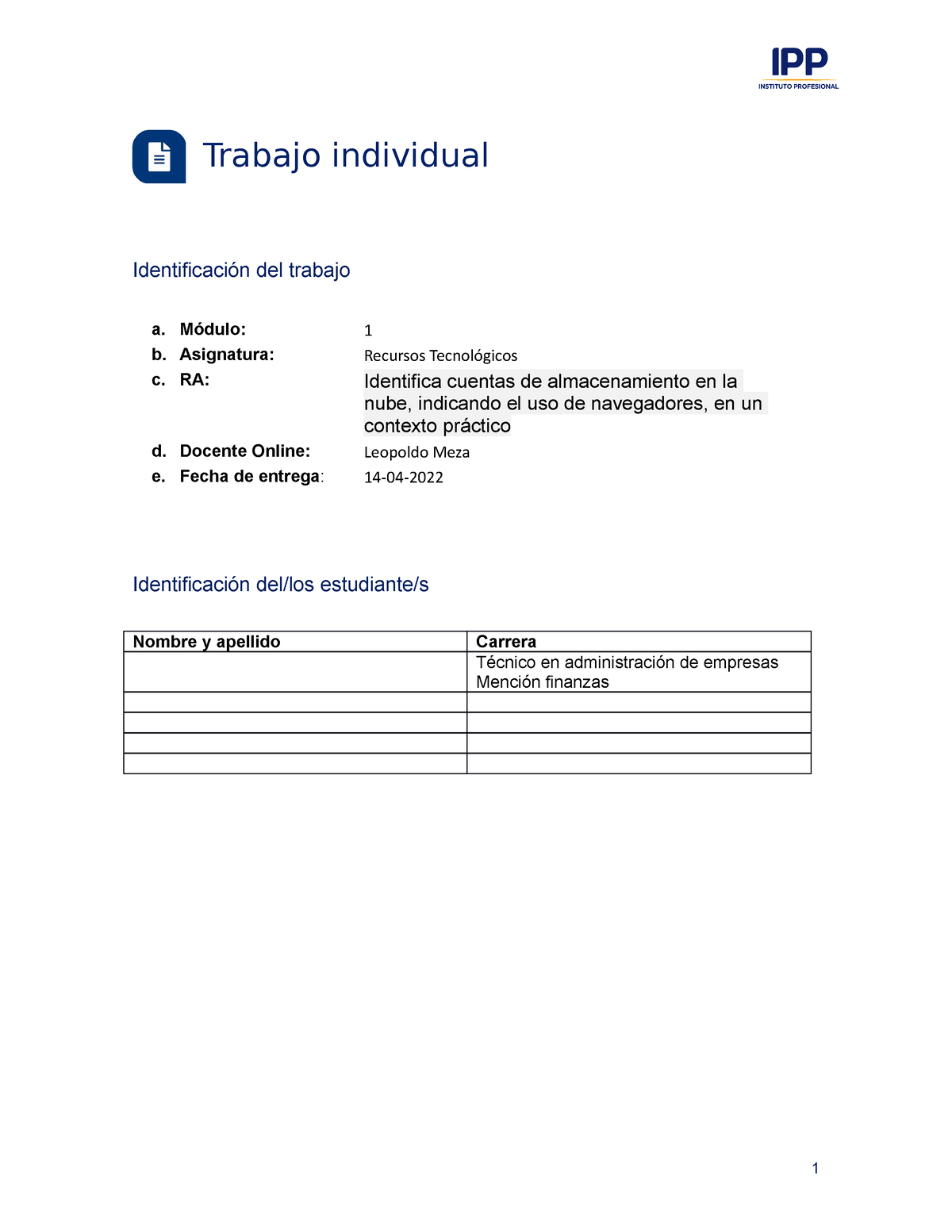 T1 M1 Recursos Tecnologicos - Trabajo Individual Identificación Del ...