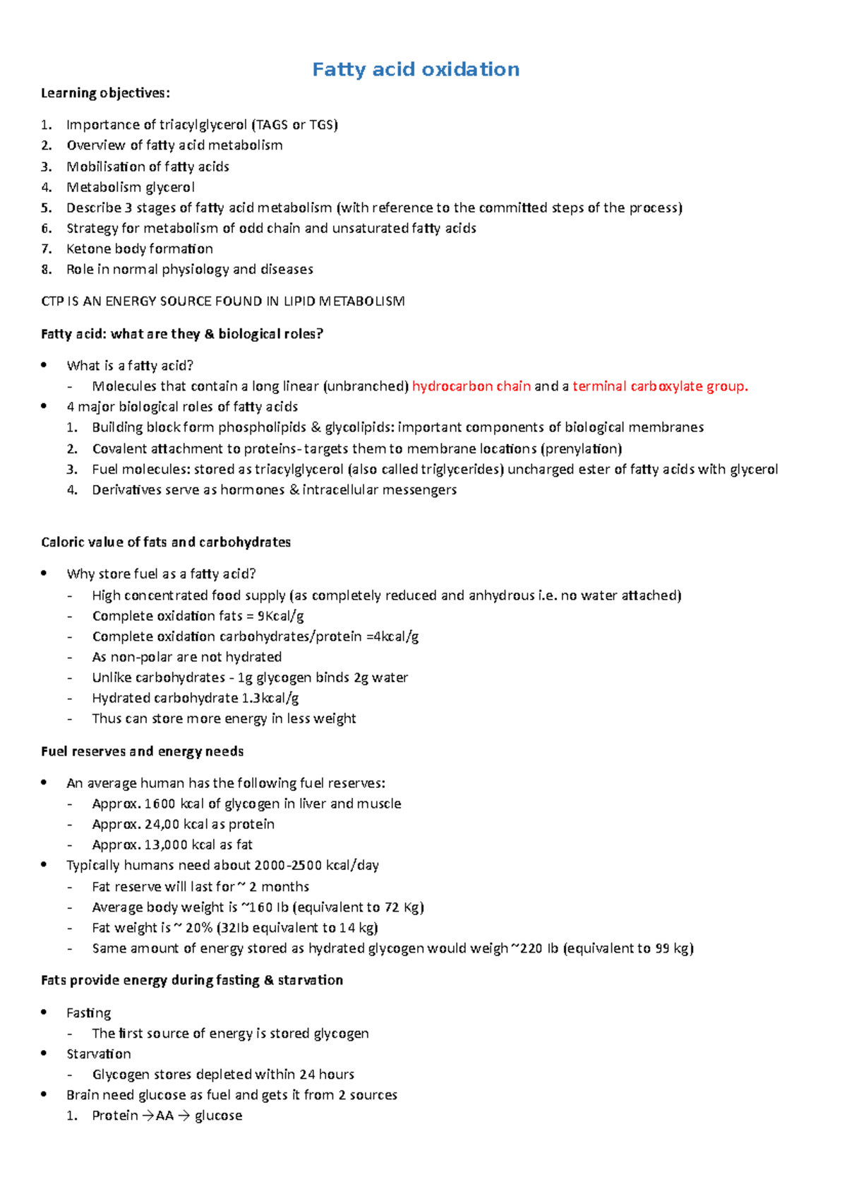 38. Lecture 16 Notes - Fatty acid oxidation Learning objecives ...