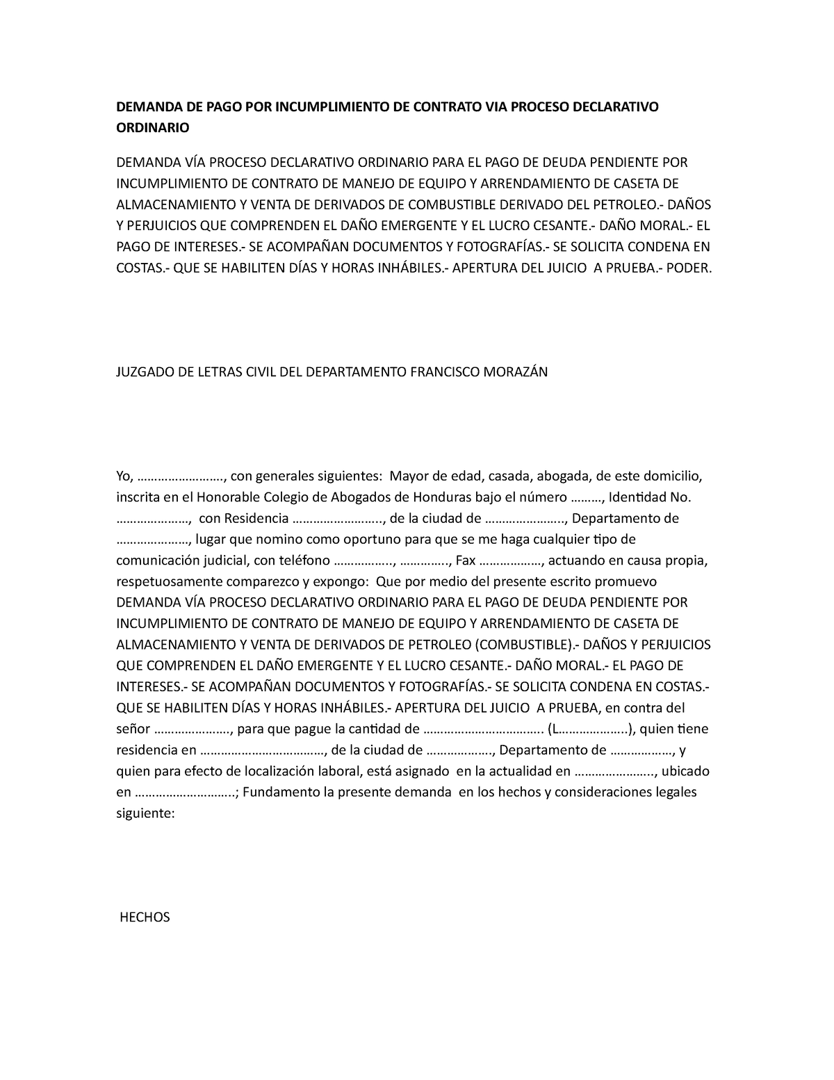 Demanda de pago por incumplimiento de contrato via proceso declarativo  ordinario 3 - DEMANDA DE PAGO - Studocu