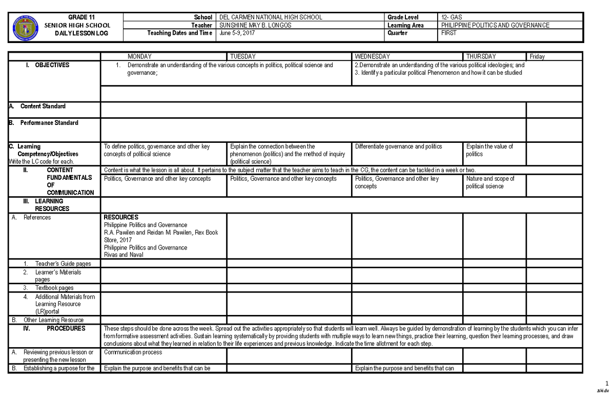 PPG DLL 1 - additional info - 1 GRADE 11 SENIOR HIGH SCHOOL DAILY ...