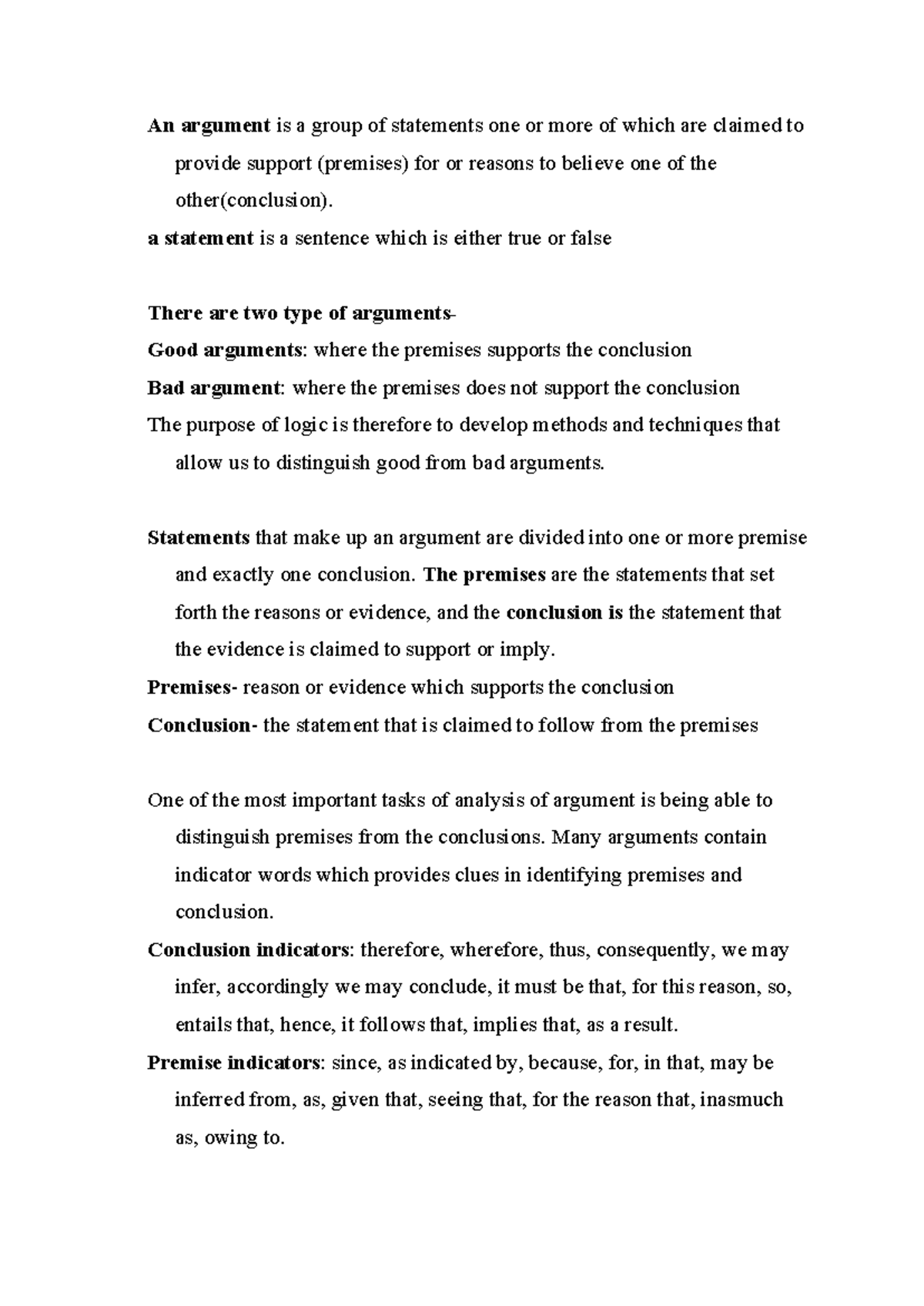 Lecture 1 - An argument is a group of statements one or more of which ...