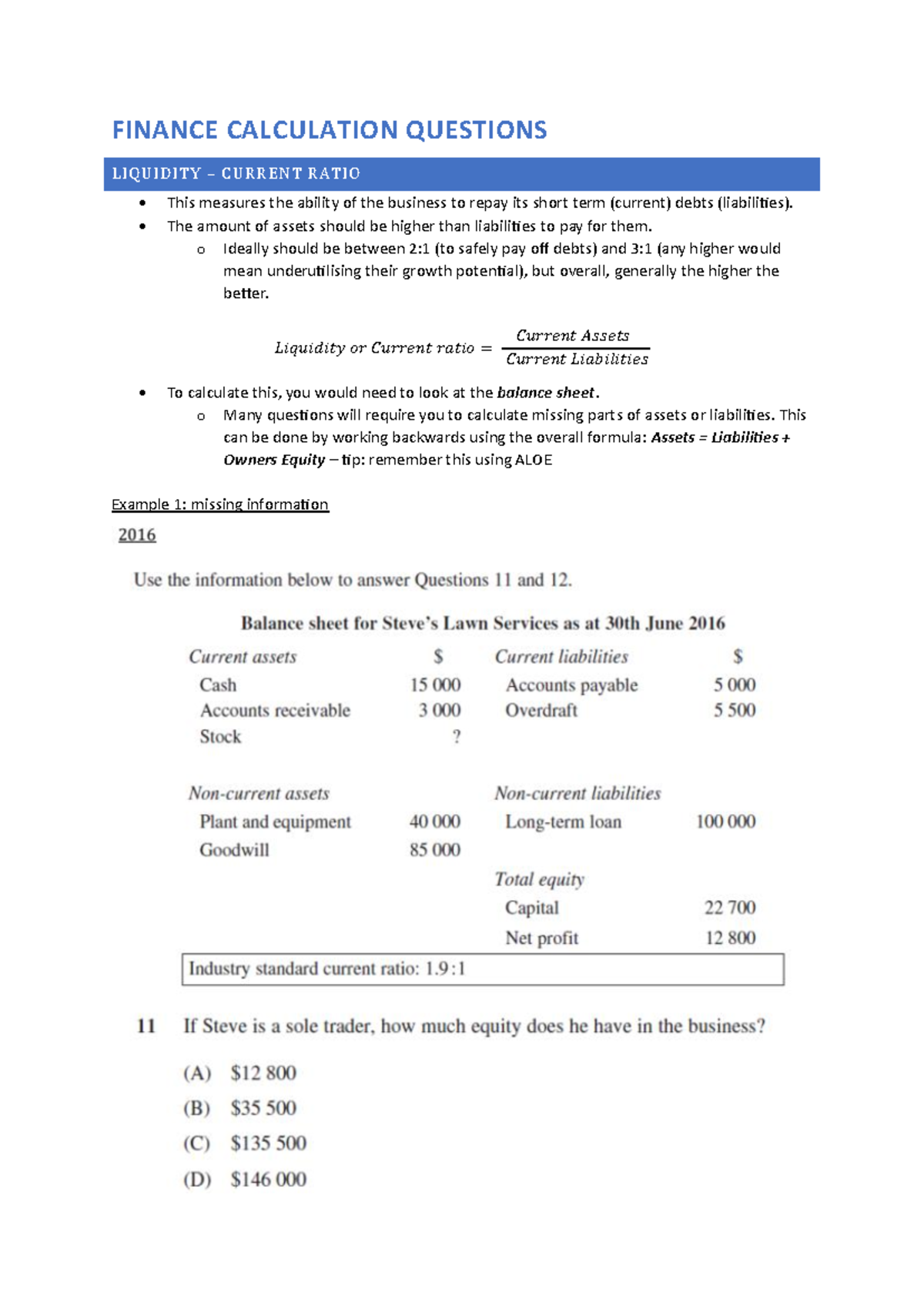 Finance Calculation Questions FINANCE CALCULATION QUESTIONS LIQUIDITY