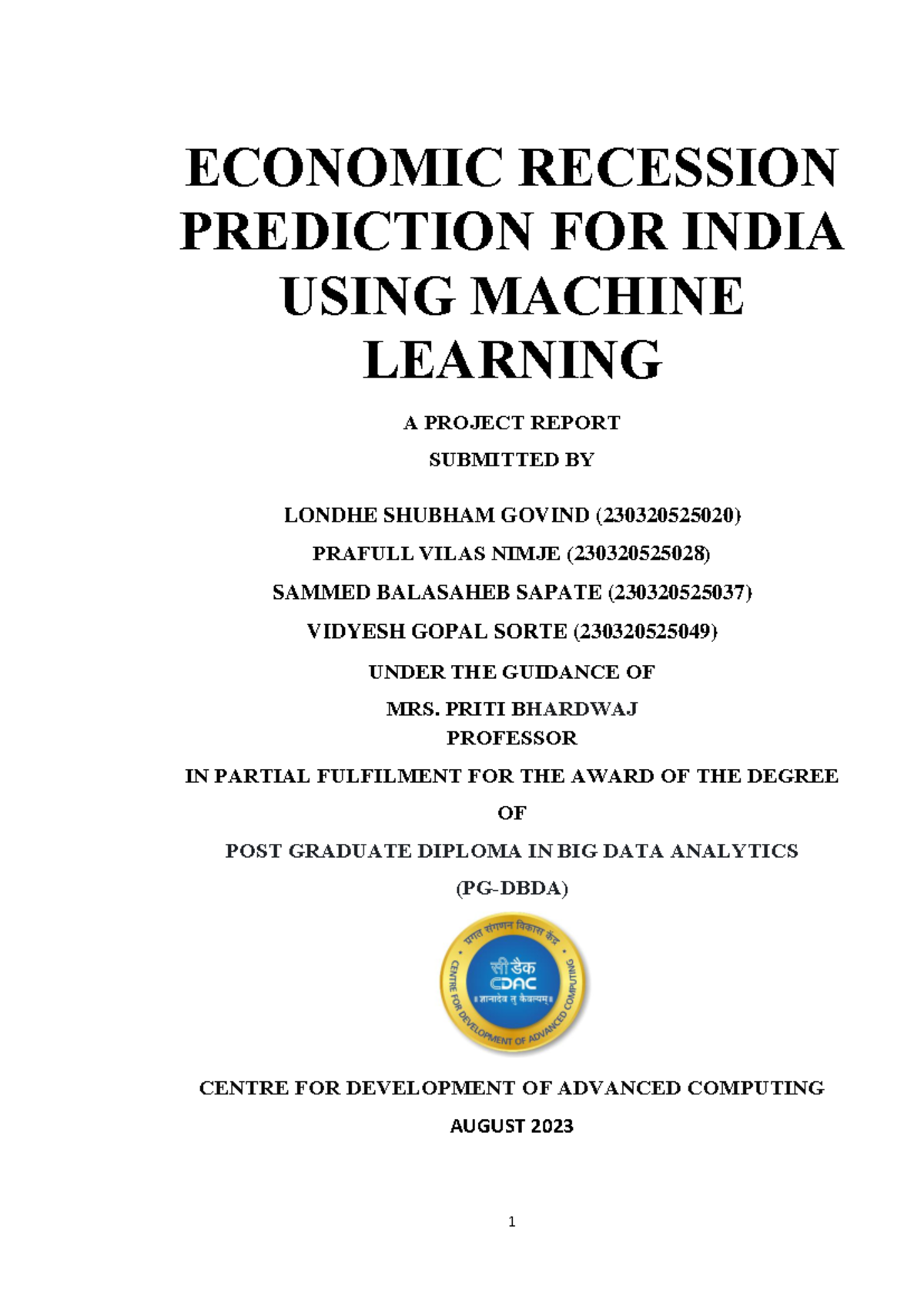 Economic Recession for India Project Report - ECONOMIC RECESSION ...