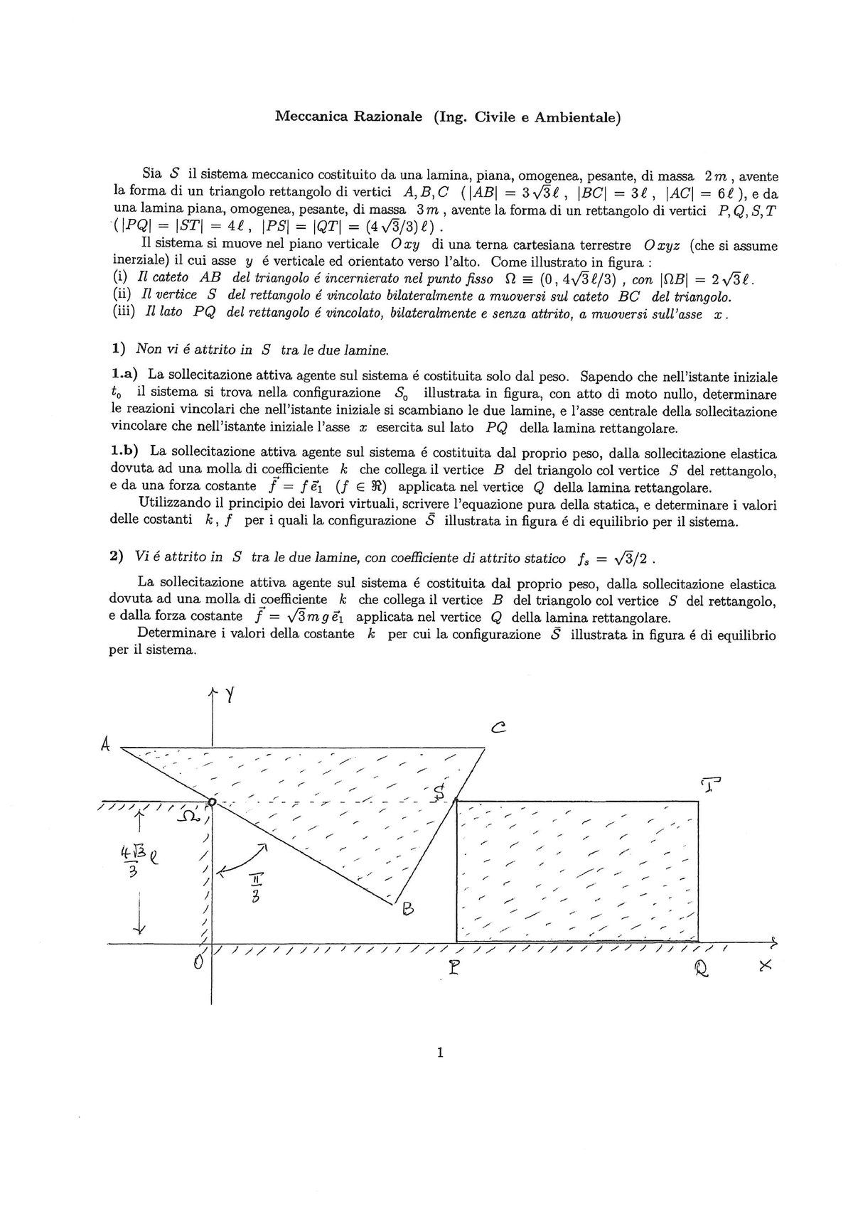 Esercizio CA 1 - Esercizi - Meccanica Razionale - Studocu