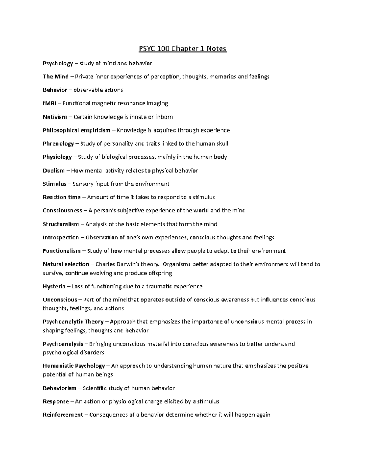 Chapter 1 definitions - PSYC 100 Chapter 1 Notes Psychology study of ...