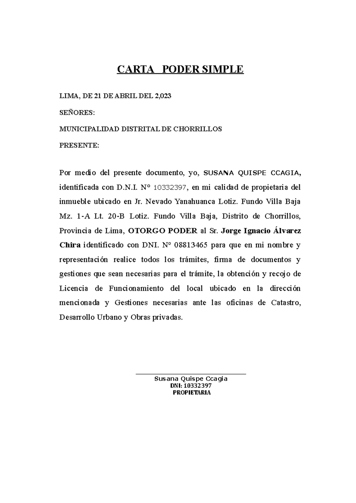 Carta Poder Simple Teoria Carta Poder Simple Lima De 21 De Abril Del 2 SeÑores 1602