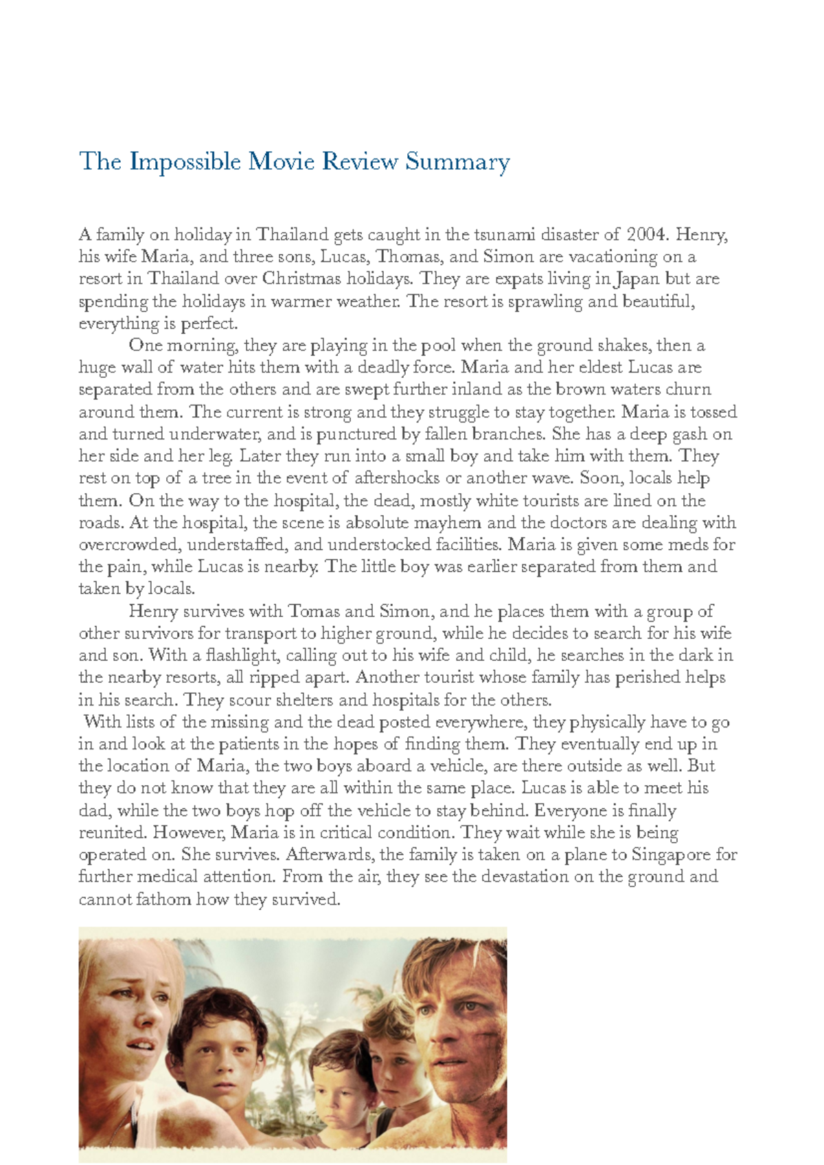 The Impossible Movie Review Summary - Henry, his wife Maria, and three ...