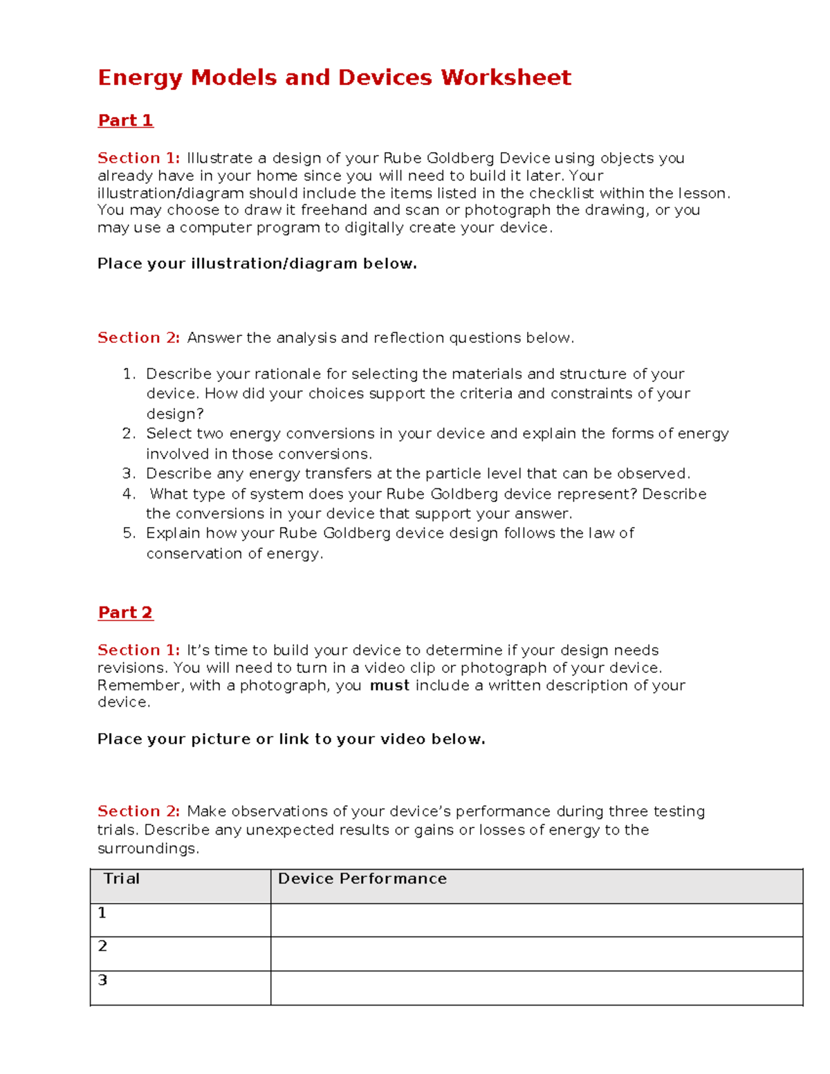 Energy models and devices worksheet Energy Models and Devices