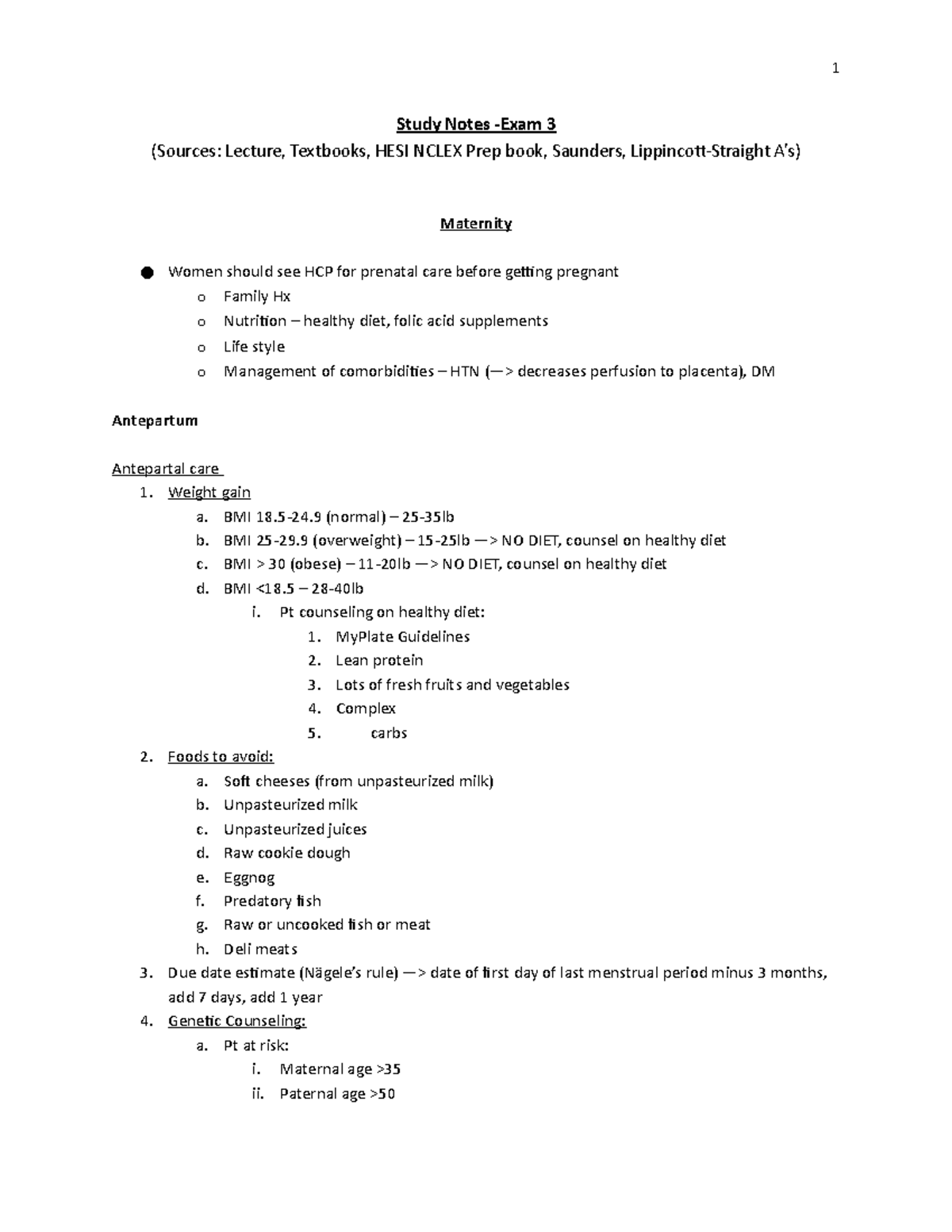 NU201 Exam3- Study Notes - Study Notes -Exam 3 (Sources: Lecture ...