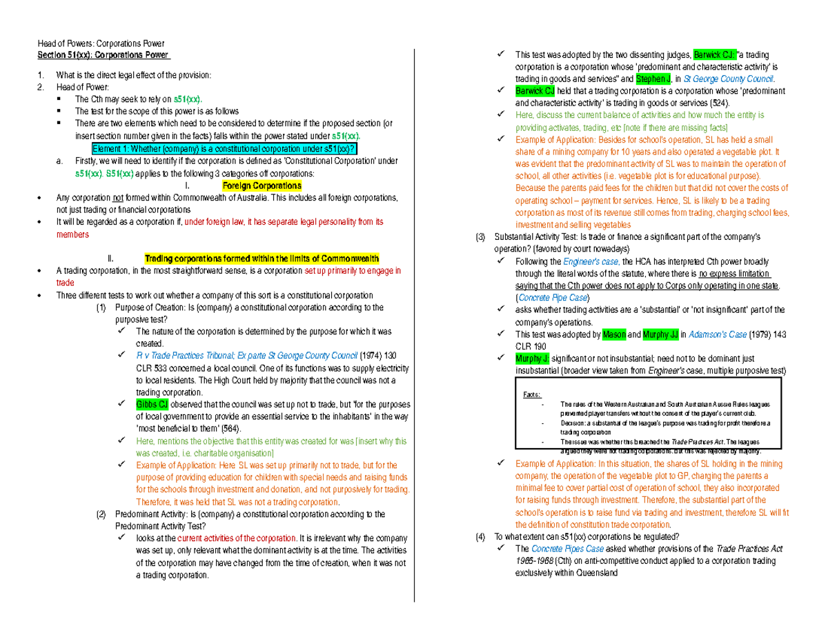 Template - Corporations Power - Section 51(xx): Corporations Power What ...