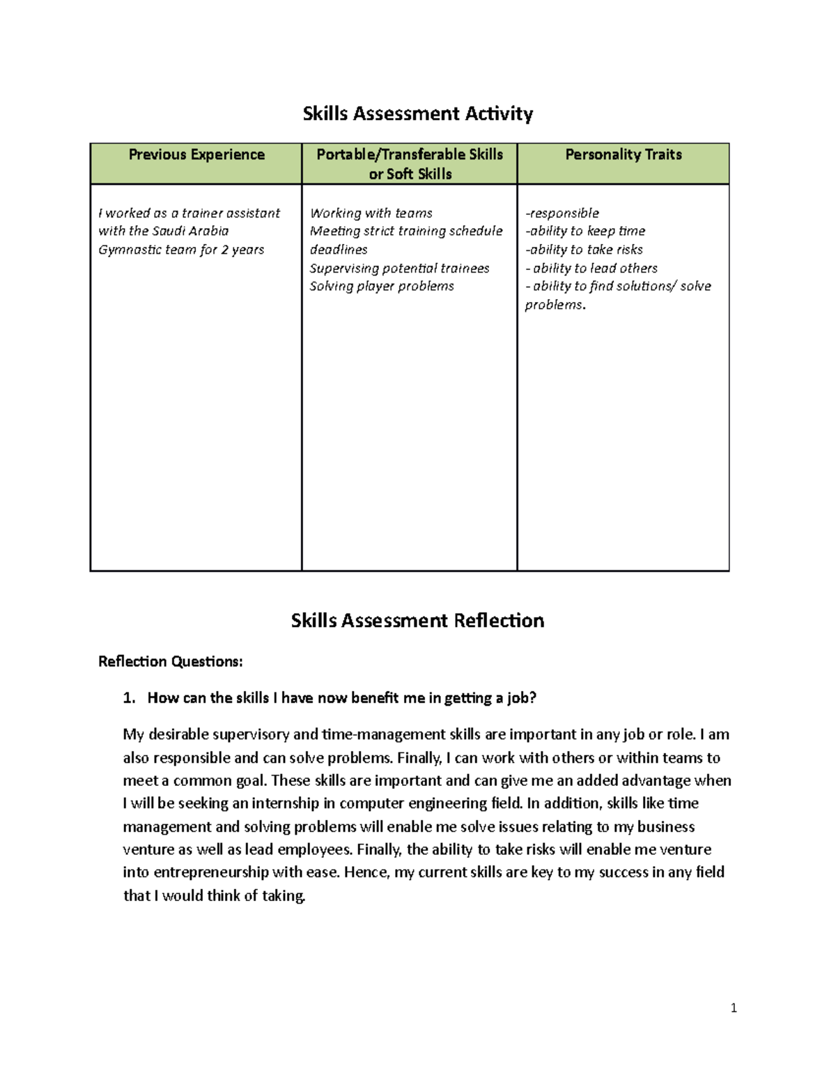 Reflection.Skills Assessment with Reflection Questions - Skills ...