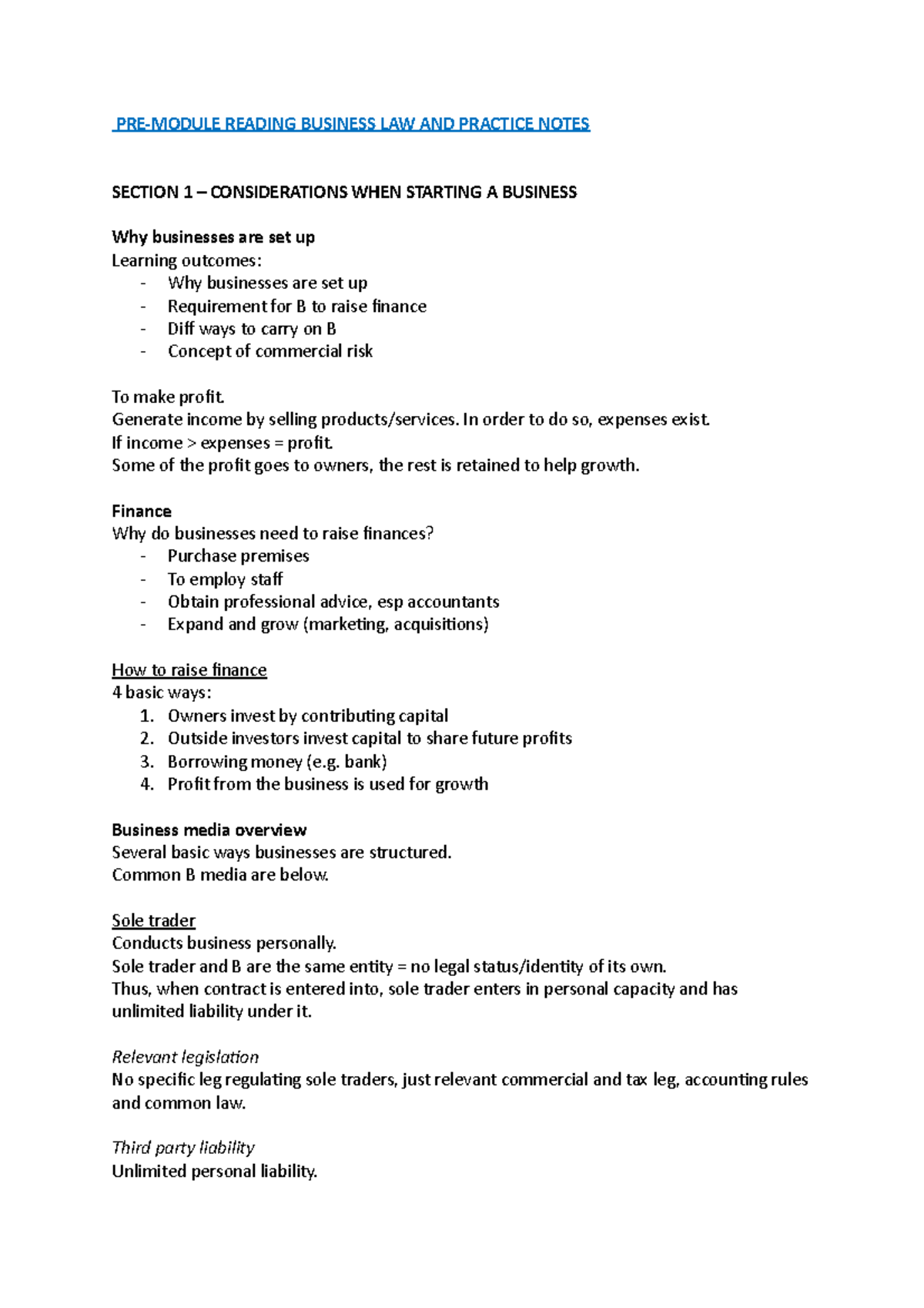 PMR BLP Notes - PRE-MODULE READING BUSINESS LAW AND PRACTICE NOTES ...