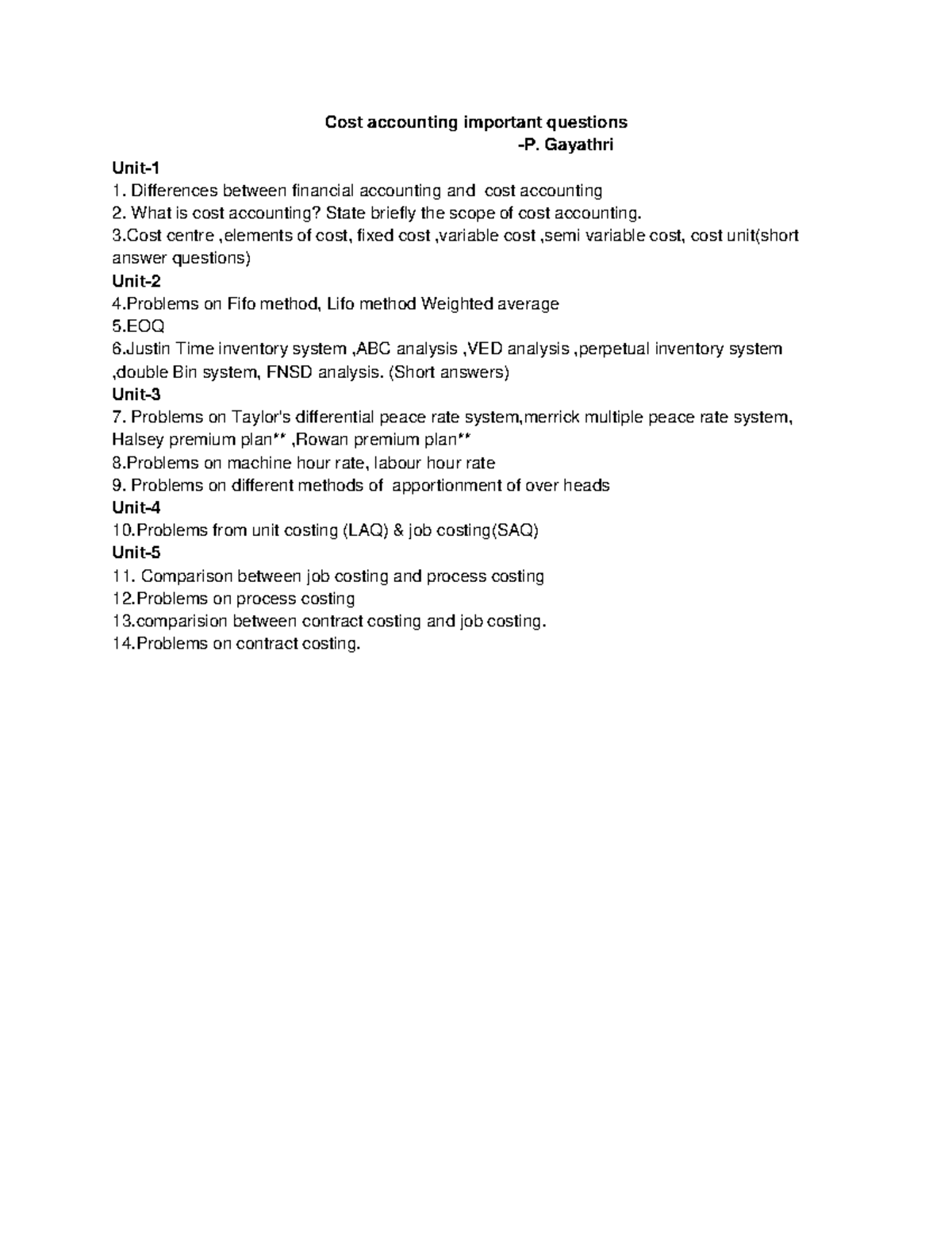 Cost accounting important questions - Gayathri Unit- 1 Differences ...