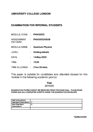 PHAS0022 PS 2020 01 - PHAS0022 – QUANTUM PHYSICS – 2020/ Problem Sheet ...