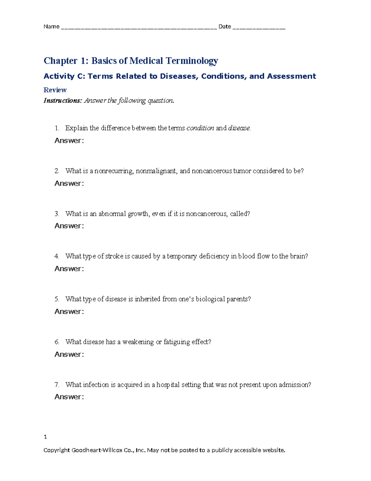 Basics of Medical Terminology Activity C - 1. Explain the difference ...