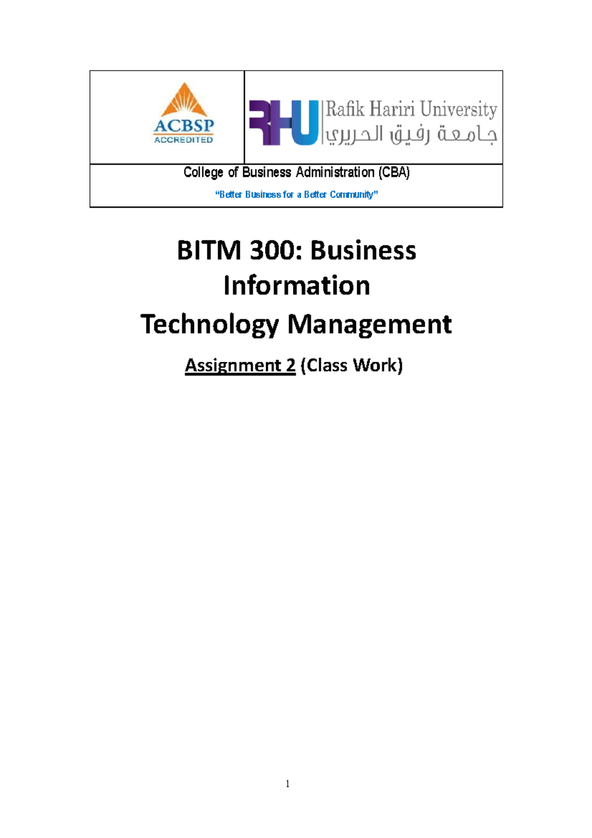 Assignment 2 - In class - NOTES - College of Business Administration ...