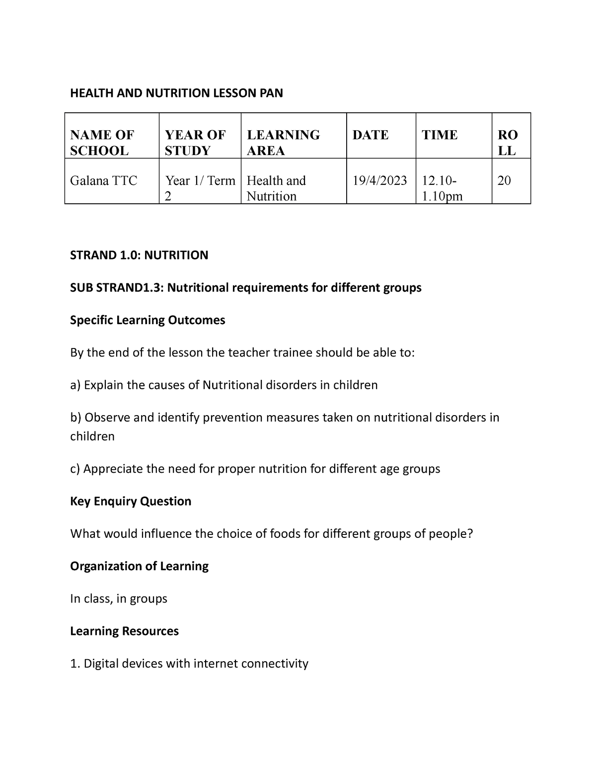 Health And Nutrition Lesson Pan Term 2 Health And Nutrition Lesson Pan Name Of School Year Of