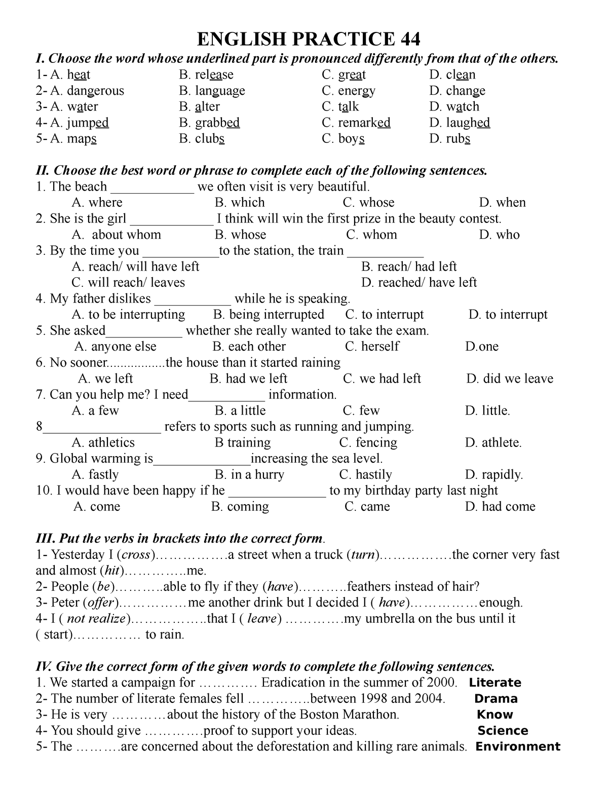 ĐỀ 44 - đề Luyện Hsg Anh 8 - ENGLISH PRACTICE 44 I. Choose The Word ...