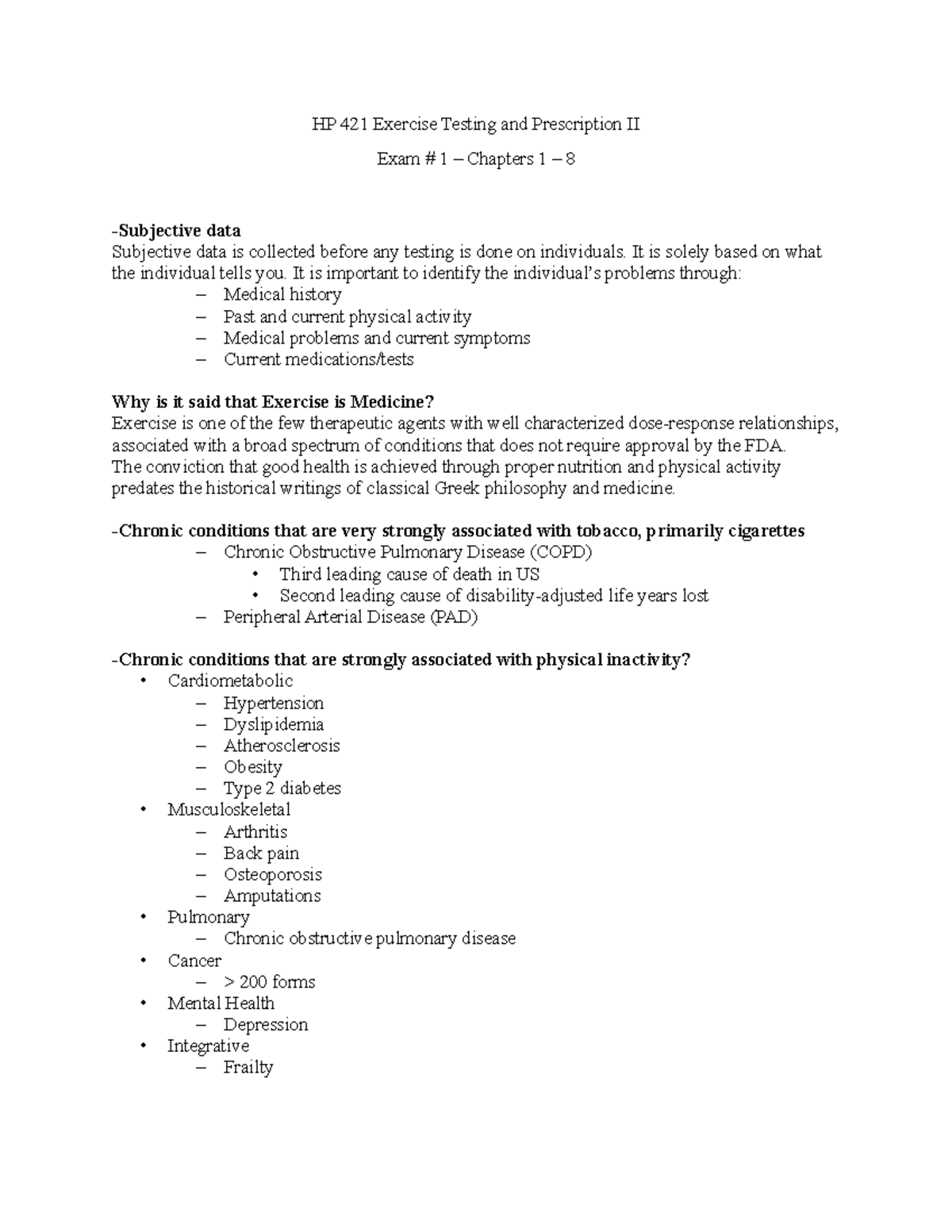 Exercise Testing 2 - Exam 1 Study Guide - HP 421 Exercise Testing And ...