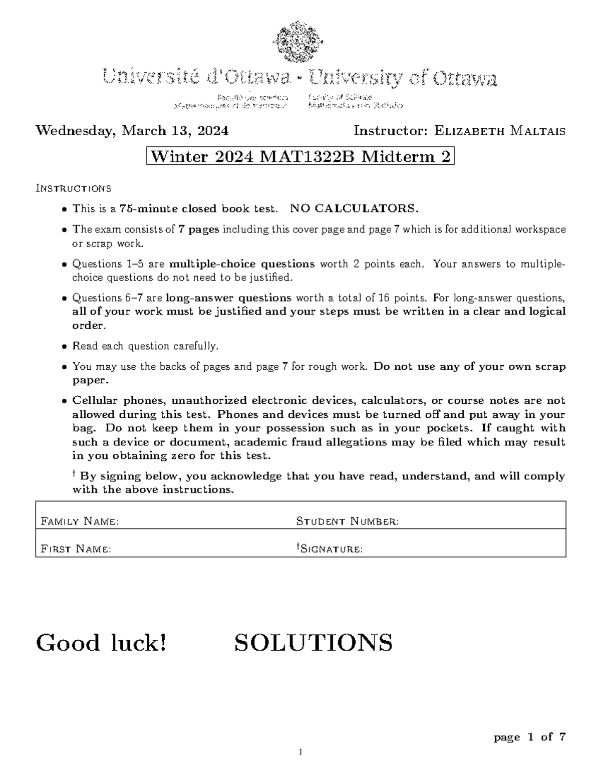 Mat1322 Midterm 2 ver2 Solutions - Wednesday, March 13, 2024 Instructor ...