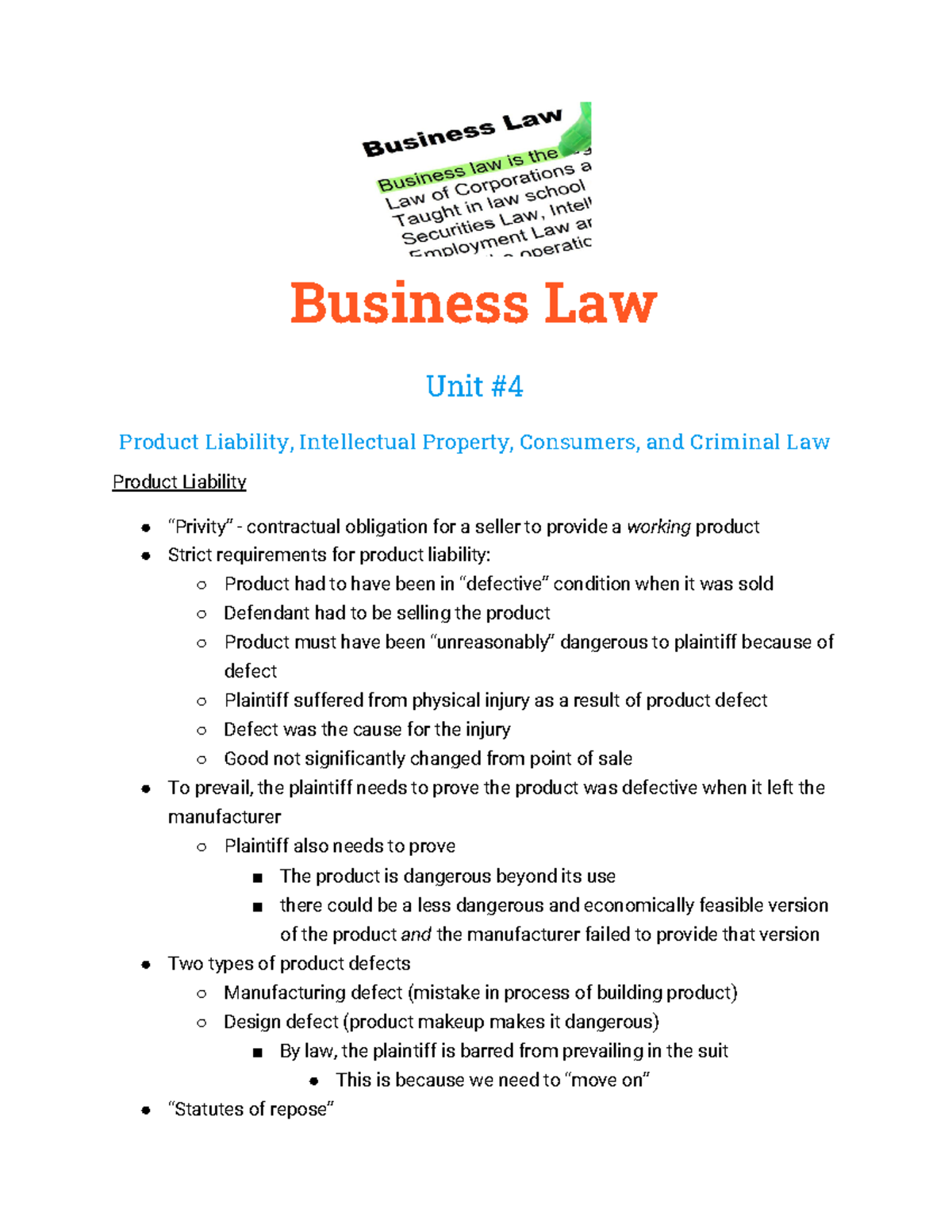 Business Law Unit 4 - Lecture Notes Unit 4 - Business Law Unit #4 ...